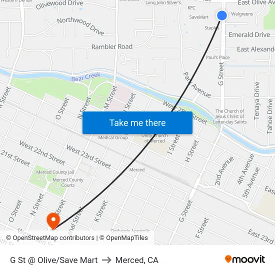 G St @ Olive/Save Mart to Merced, CA map
