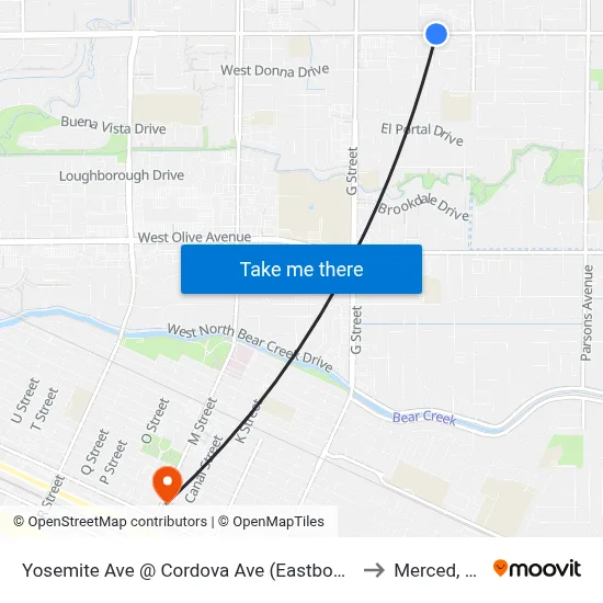 Yosemite Ave @ Cordova Ave (Eastbound) to Merced, CA map