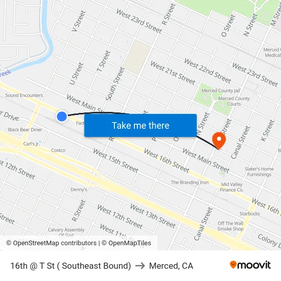 16th @ T St ( Southeast Bound) to Merced, CA map