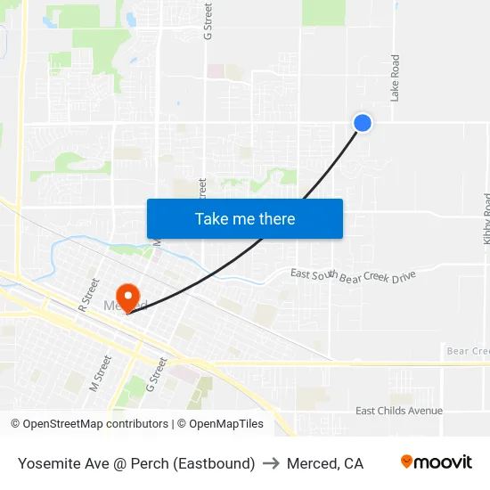 Yosemite Ave @ Perch (Eastbound) to Merced, CA map