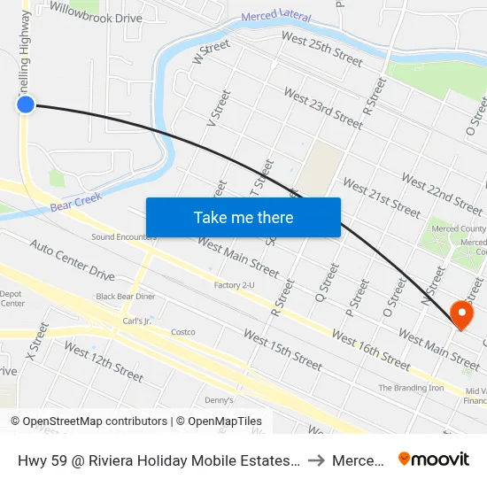 Hwy 59 @ Riviera Holiday Mobile Estates (Northbound) to Merced, CA map