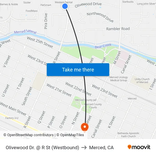 Olivewood Dr. @ R St (Westbound) to Merced, CA map
