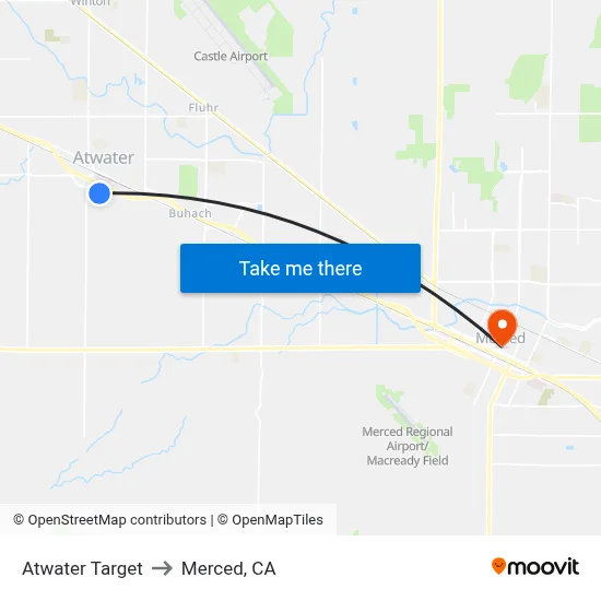 Atwater Target to Merced, CA map