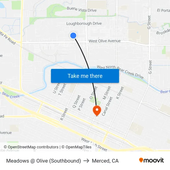 Meadows @ Olive (Southbound) to Merced, CA map