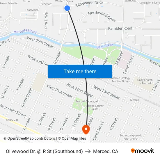 Olivewood Dr. @ R St (Southbound) to Merced, CA map