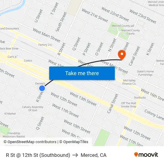 R St @ 12th St (Southbound) to Merced, CA map