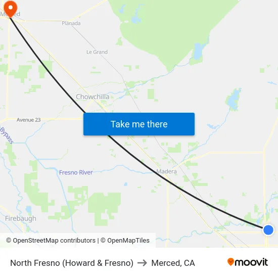North Fresno (Howard & Fresno) to Merced, CA map