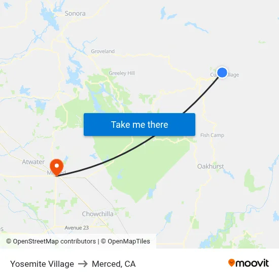 Yosemite Village to Merced, CA map