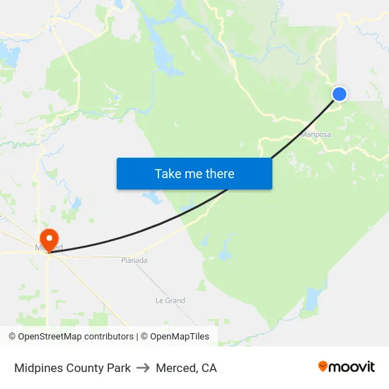 Midpines County Park to Merced, CA map