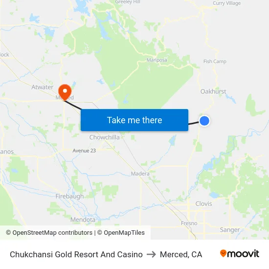 Chukchansi Gold Resort And Casino to Merced, CA map