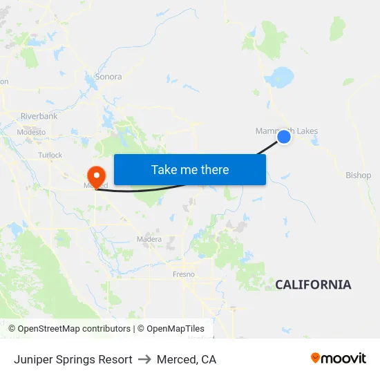 Juniper Springs Resort to Merced, CA map
