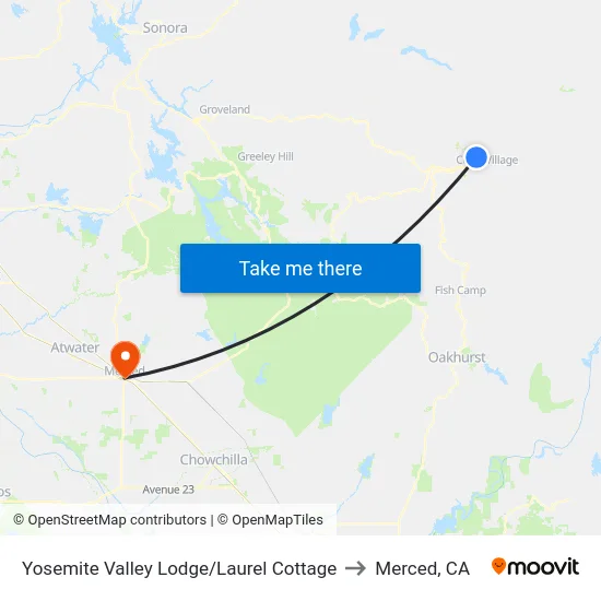 Yosemite Valley Lodge/Laurel Cottage to Merced, CA map