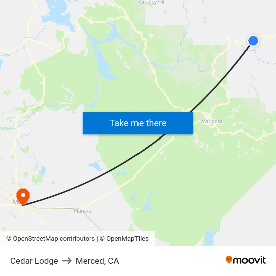 Cedar Lodge to Merced, CA map