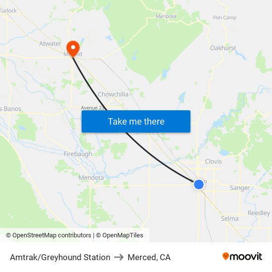 Amtrak/Greyhound Station to Merced, CA map
