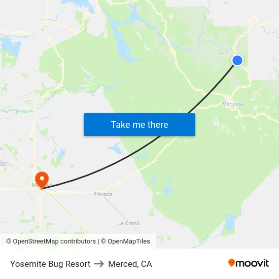 Yosemite Bug Resort to Merced, CA map