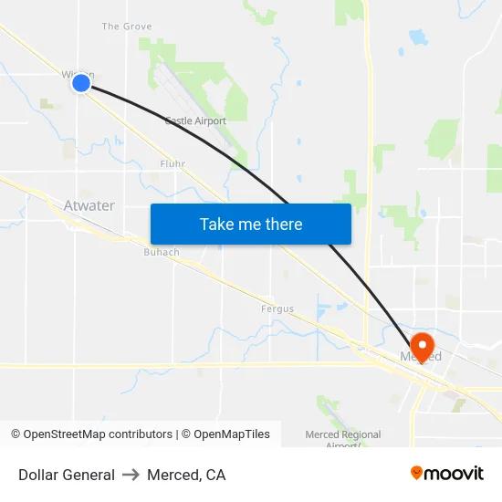 Dollar General to Merced, CA map