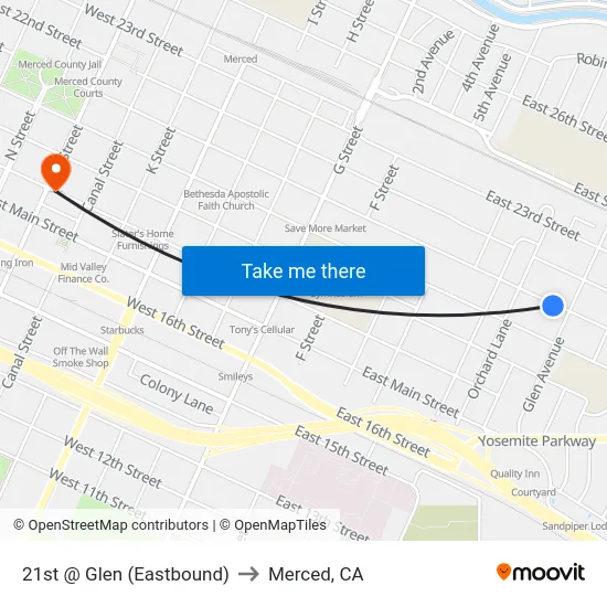 21st @ Glen (Eastbound) to Merced, CA map
