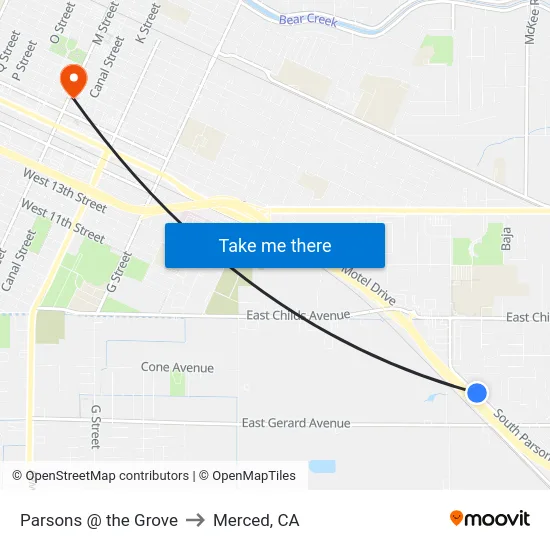 Parsons @ the Grove to Merced, CA map