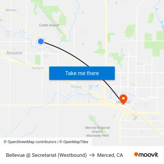 Bellevue @ Secretariat (Westbound) to Merced, CA map