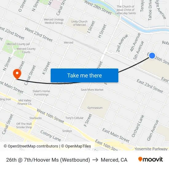 26th @ 7th/Hoover Ms (Westbound) to Merced, CA map