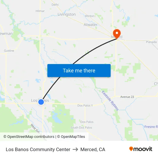 Los Banos Community Center to Merced, CA map