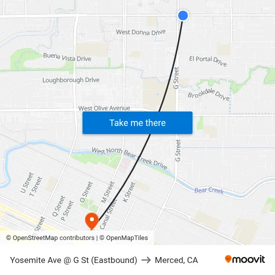 Yosemite Ave @ G St (Eastbound) to Merced, CA map
