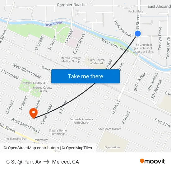 G St @ Park Av to Merced, CA map