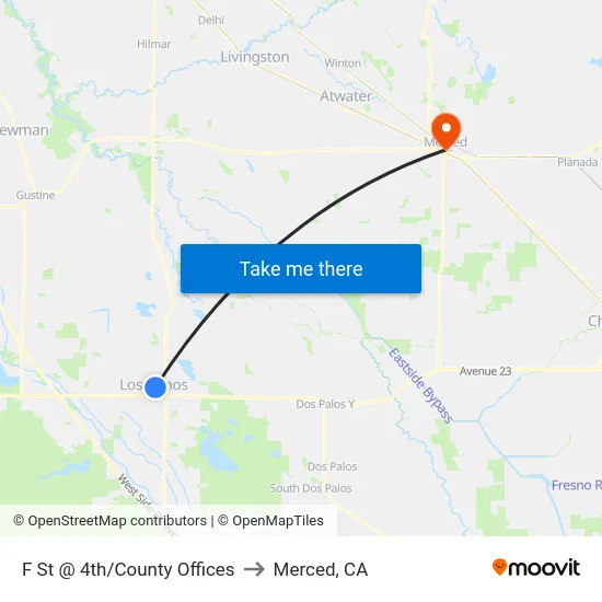 F St @ 4th/County Offices to Merced, CA map