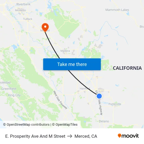 E. Prosperity Ave And M Street to Merced, CA map