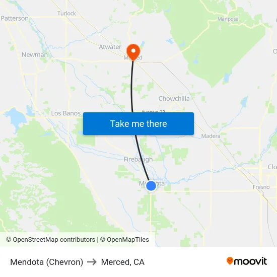 Mendota (Chevron) to Merced, CA map