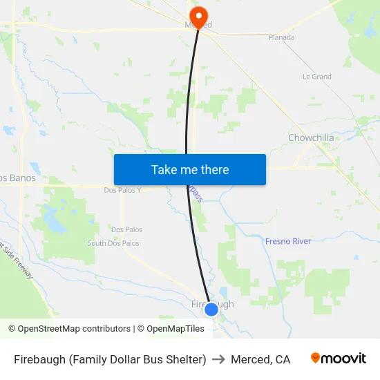 Firebaugh (Family Dollar Bus Shelter) to Merced, CA map