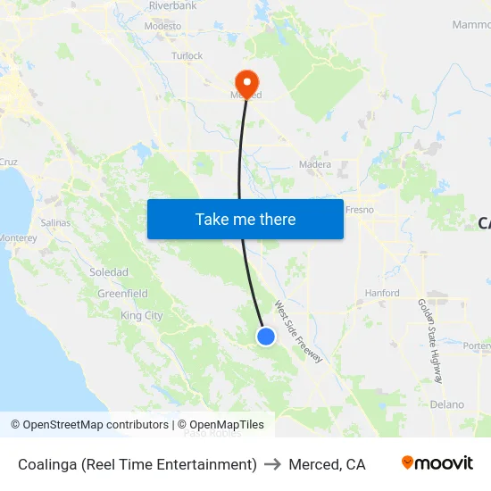 Coalinga (Reel Time Entertainment) to Merced, CA map
