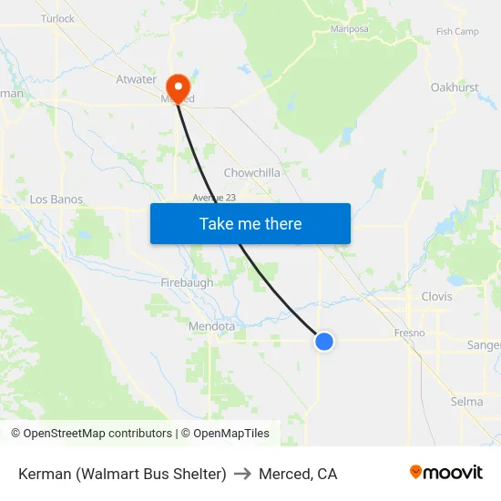 Kerman (Walmart Bus Shelter) to Merced, CA map