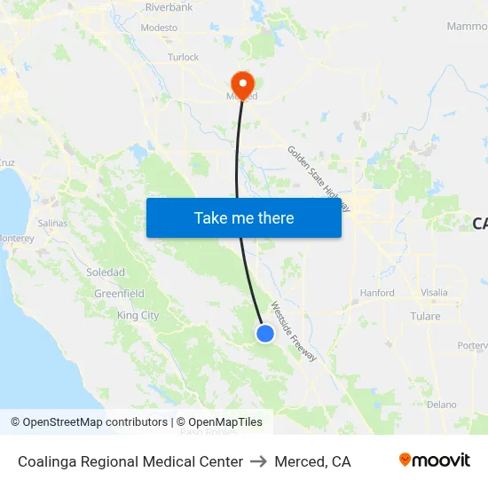 Coalinga Regional Medical Center to Merced, CA map