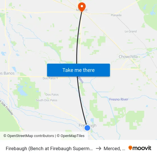 Firebaugh (Bench at Firebaugh Supermarket) to Merced, CA map