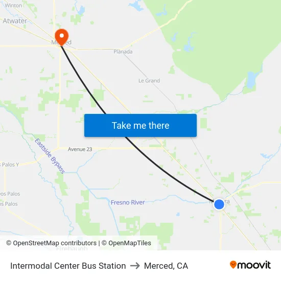 Intermodal Center Bus Station to Merced, CA map