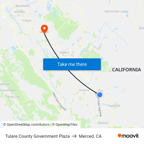 Tulare County Government Plaza to Merced, CA map