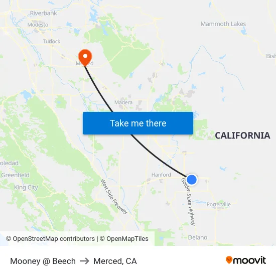 Mooney @ Beech to Merced, CA map