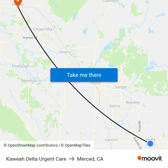 Kaweah Delta Urgent Care to Merced, CA map