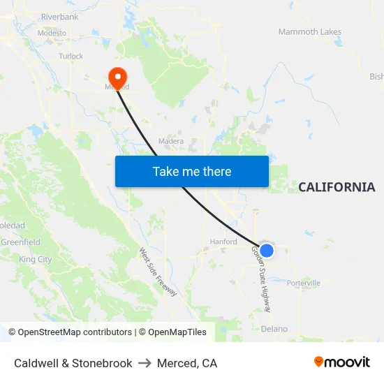 Caldwell & Stonebrook to Merced, CA map