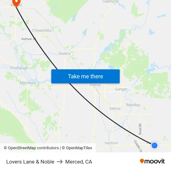 Lovers Lane & Noble to Merced, CA map