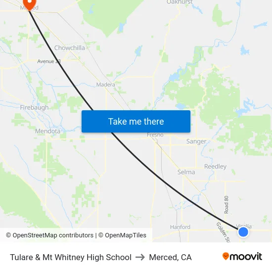 Tulare & Mt Whitney High School to Merced, CA map