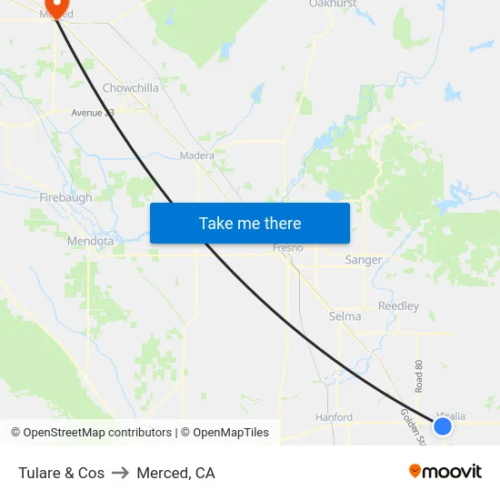 Tulare & Cos to Merced, CA map