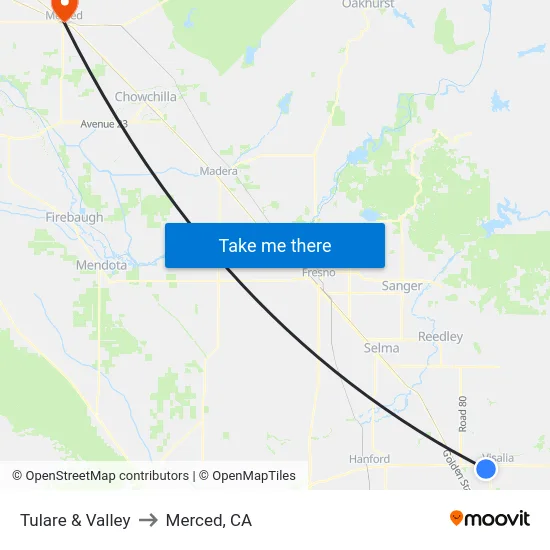 Tulare & Valley to Merced, CA map