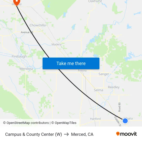 Campus & County Center (W) to Merced, CA map