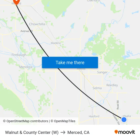 Walnut & County Center (W) to Merced, CA map