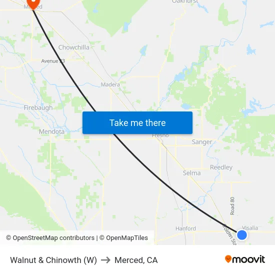 Walnut & Chinowth (W) to Merced, CA map