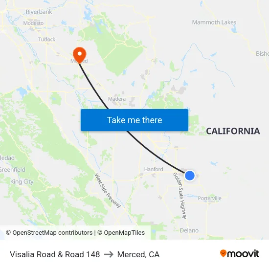 Visalia Road & Road 148 to Merced, CA map