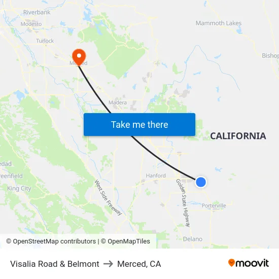 Visalia Road & Belmont to Merced, CA map