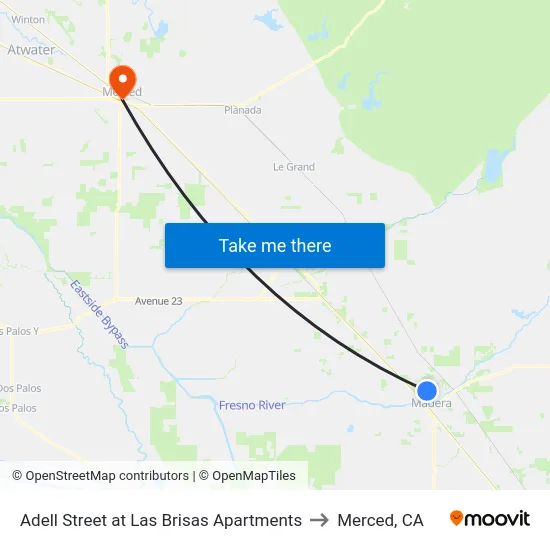 Adell Street at Las Brisas Apartments to Merced, CA map